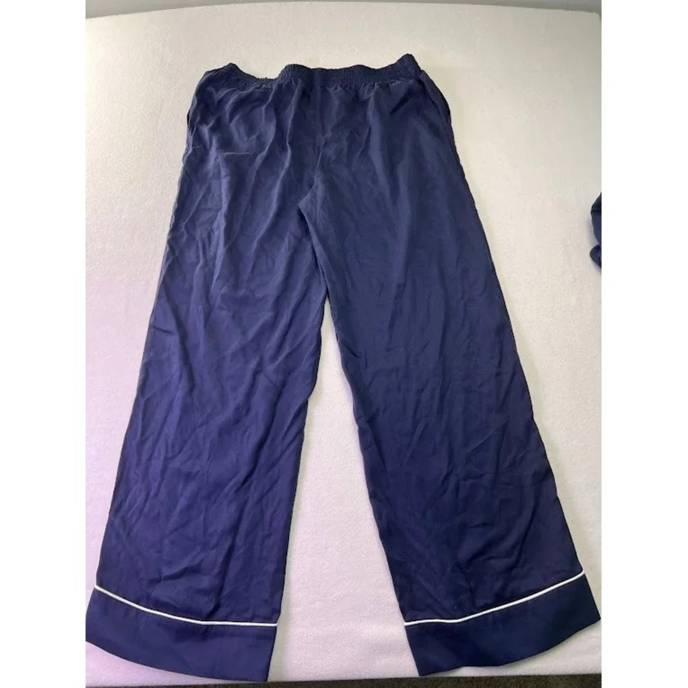 Soma Pajama Set Womens Medium Navy Blue Button Down Long Sleeve Piping‎